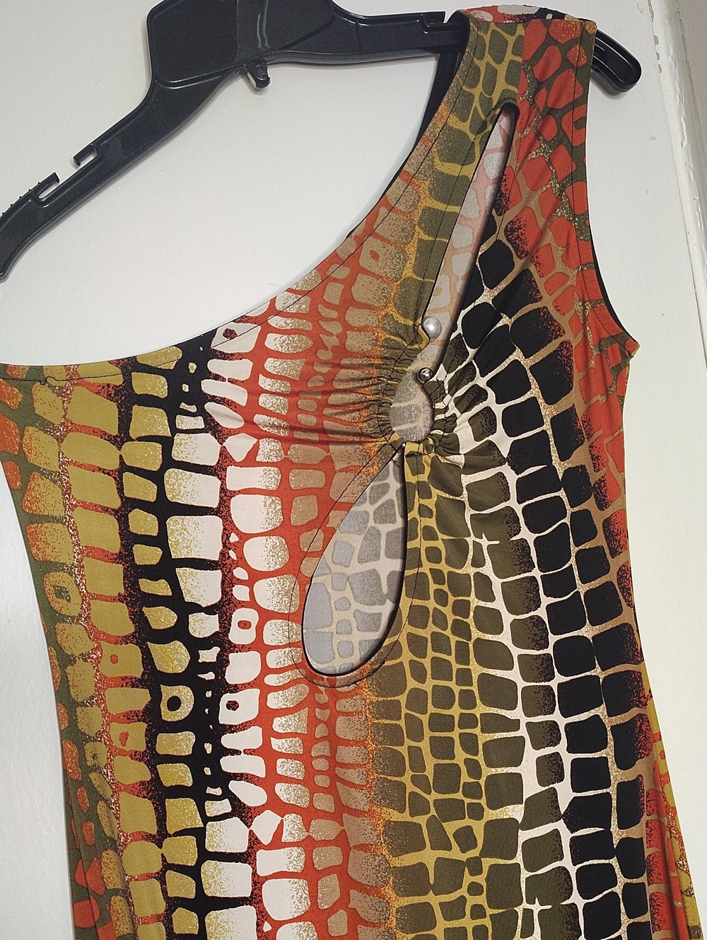 Women's One Shoulder Multicolor Cutout Dress Olive, Rust & Black
